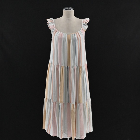 Rails Capri Melon Stripe Tiered Midi Dress Size XS Linen Pastel Cottagecore Boho - Picture 1 of 14